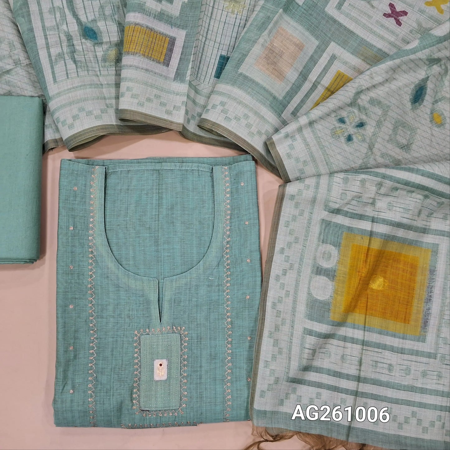 Designer pastel blue silk cotton unstitched salwar material,zari detailing and applique on yoke,(Lining Needed)silky bottom, abstract jamdani woven silk cotton dupatta. AG261006