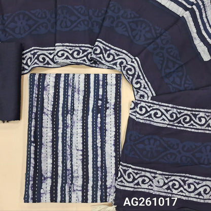 Dark blue wax batik silk cotton unstitched salwar material,kantha stitch all over,(Lining Needed)silk cotton bottom, batik design on soft silk cotton dupatta. AG261017