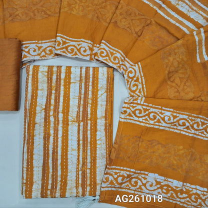 Yellow wax batik silk cotton unstitched salwar material,kantha stitch all over,(Lining Needed)silk cotton bottom, batik design on soft silk cotton dupatta. AG261018