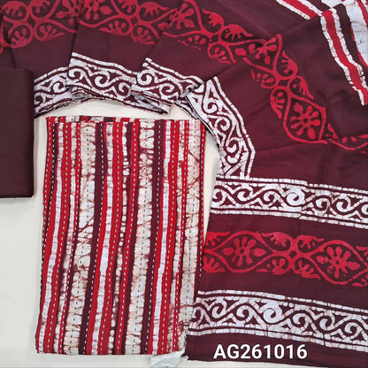 Dark maroon wax batik silk cotton unstitched salwar material,kantha stitch all over,(Lining Needed)silk cotton bottom, batik design on soft silk cotton dupatta. AG261016