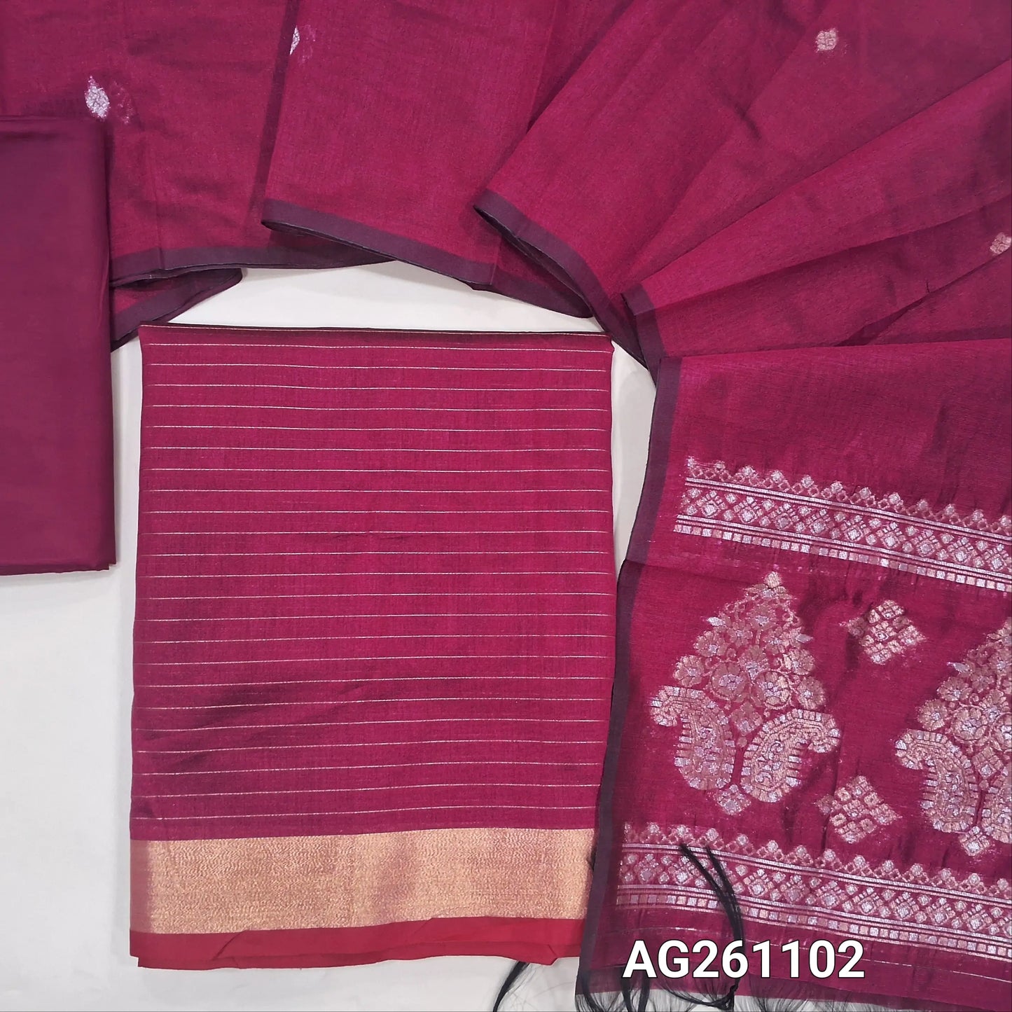 Pink silk cotton unstitched salwar material,zari lines all over,(Lining Needed)silky bottom, benarsi zari woven on full length silk cotton dupatta with rich gold and silver zari pallu. AG261102