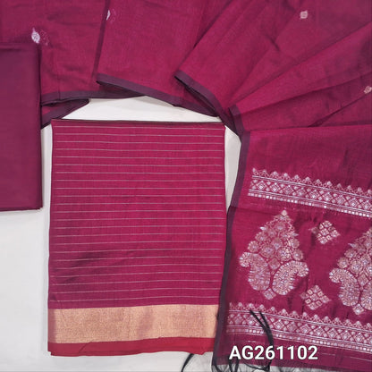 Pink silk cotton unstitched salwar material,zari lines all over,(Lining Needed)silky bottom, benarsi zari woven on full length silk cotton dupatta with rich gold and silver zari pallu. AG261102