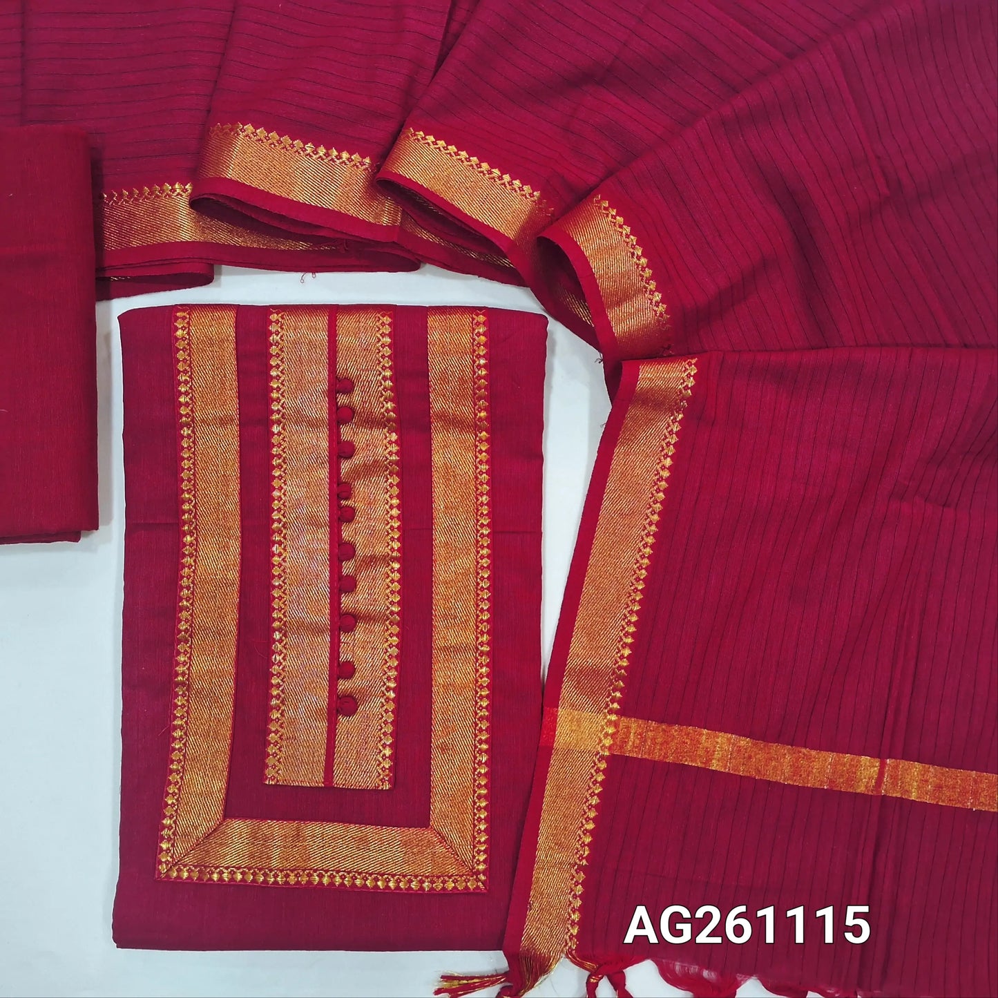 Pinkish maroon mercerized handloom cotton unstitched salwar material,zari detailing and potli buttons,(lining needed)handloom cotton bottom, vertical lines on full length mercerised handloom cotton dupatta with mangalgiri borders. AG261115
