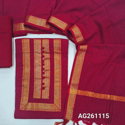Pinkish maroon mercerized handloom cotton unstitched salwar material,zari detailing and potli buttons,(lining needed)handloom cotton bottom, vertical lines on full length mercerised handloom cotton dupatta with mangalgiri borders. AG261115