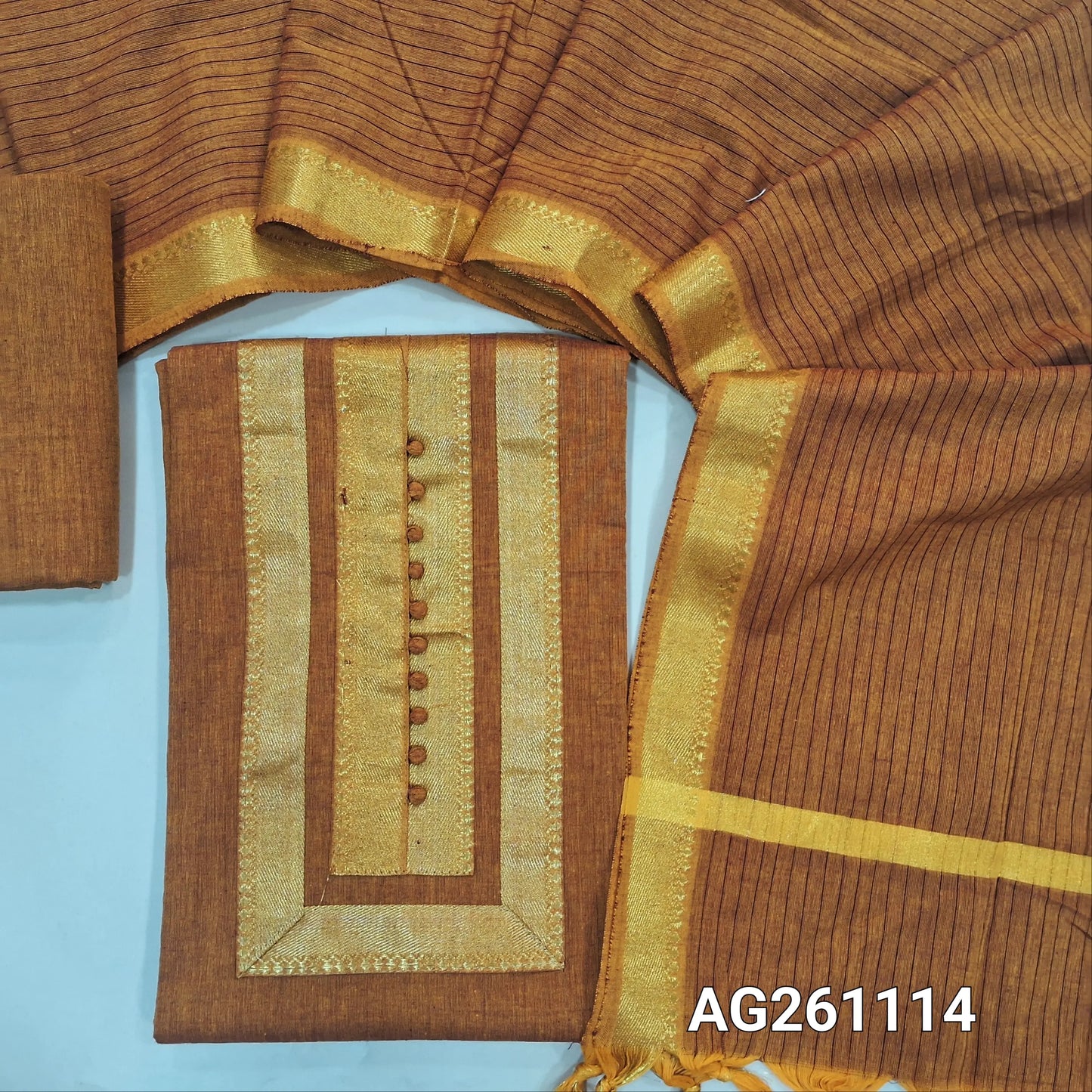 Honey brown mercerized handloom cotton unstitched salwar material,zari detailing and potli buttons,(lining needed)handloom cotton bottom, vertical lines on full length mercerised handloom cotton dupatta with mangalgiri borders. AG261114