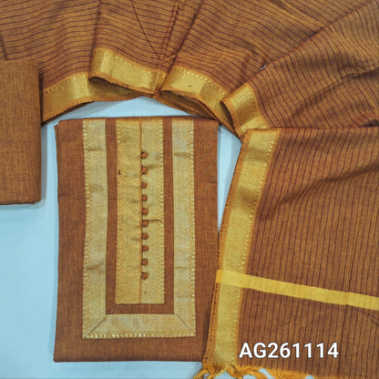 Honey brown mercerized handloom cotton unstitched salwar material,zari detailing and potli buttons,(lining needed)handloom cotton bottom, vertical lines on full length mercerised handloom cotton dupatta with mangalgiri borders. AG261114