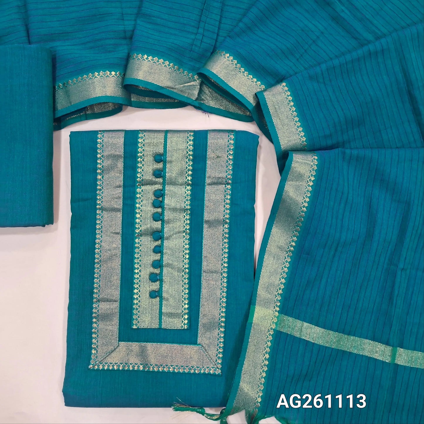 Bright turquiose blue mercerized handloom cotton unstitched salwar material,zari detailing and potli buttons,(lining needed)handloom cotton bottom, vertical lines on full length mercerised handloom cotton dupatta with mangalgiri borders. AG261113