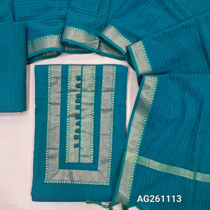 Bright turquiose blue mercerized handloom cotton unstitched salwar material,zari detailing and potli buttons,(lining needed)handloom cotton bottom, vertical lines on full length mercerised handloom cotton dupatta with mangalgiri borders. AG261113