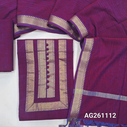 Purple mercerized handloom cotton unstitched salwar material,zari detailing and potli buttons,(lining needed)handloom cotton bottom, vertical lines on full length mercerised handloom cotton dupatta with mangalgiri borders. AG261112