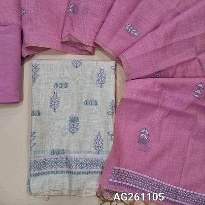 Beige silk cotton unstitched salwar material, faux mirror and thread weaving on front,(Lining Needed)pink santoon bottom,thread wevaing on silk cotton dupatta with borders. AG261105