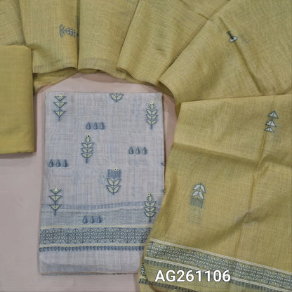 Beige silk cotton unstitched salwar material, faux mirror and thread weaving on front,(Lining Needed)yellow santoon bottom,thread wevaing on silk cotton dupatta with borders. AG261106