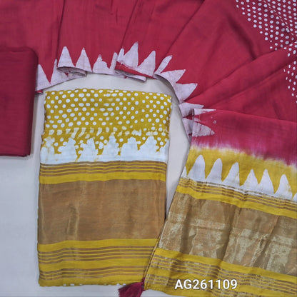 Mehandhi yellow wax batik taspa silk unstitched salwar material, gold tissue daman,(lining needed)dark pink silky bottom, batik design on taspa silk dupatta with gold tissue pallu. AG261109