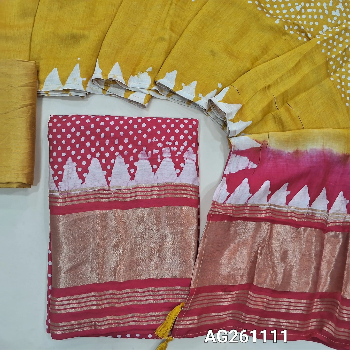 Pink wax batik taspa silk unstitched salwar material, gold tissue daman,(lining needed) mehandhi yellow silky bottom, batik design on taspa silk dupatta with gold tissue pallu. AG261111