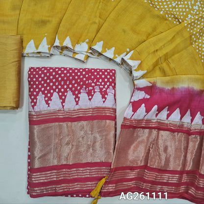 Pink wax batik taspa silk unstitched salwar material, gold tissue daman,(lining needed) mehandhi yellow silky bottom, batik design on taspa silk dupatta with gold tissue pallu. AG261111