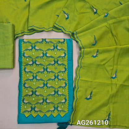 Bright turquoise blue raw silk unstitched salwar material,contrast yoke patch with bird embroidery and real mirror(lining optional)parrot green silky bottom, bird embroidery on silk cotton dupatta with scallop borders. AG261210