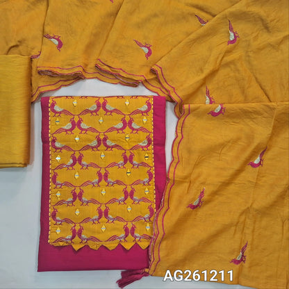 Bright pink raw silk unstitched salwar material,contrast yoke patch with bird embroidery and real mirror(lining optional)yellow silky bottom, bird embroidery onsilk cotton dupatta with scallop borders. AG261213