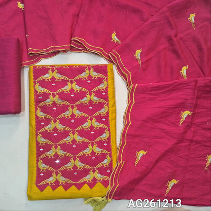 Mango yellow raw silk unstitched salwar material,contrast yoke patch with bird embroidery and real mirror(lining optional)bright pink silky bottom, bird embroidery on silk cotton dupatta with scallop borders. AG261211