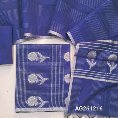 Royal blue benarasi silk cotton unstitched salwar material,checked and floral zari weaving all over(Lining Needed)silk cotton bottom,vertical zari lines on silk cotton dupatta with floral weaving pallu and tassles. AG261216