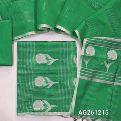 Emerald green benarasi silk cotton unstitched salwar material,checked and floral zari weaving all over(Lining Needed)silk cotton bottom,vertical zari lines on silk cotton dupatta with floral weaving pallu and tassles. AG261215