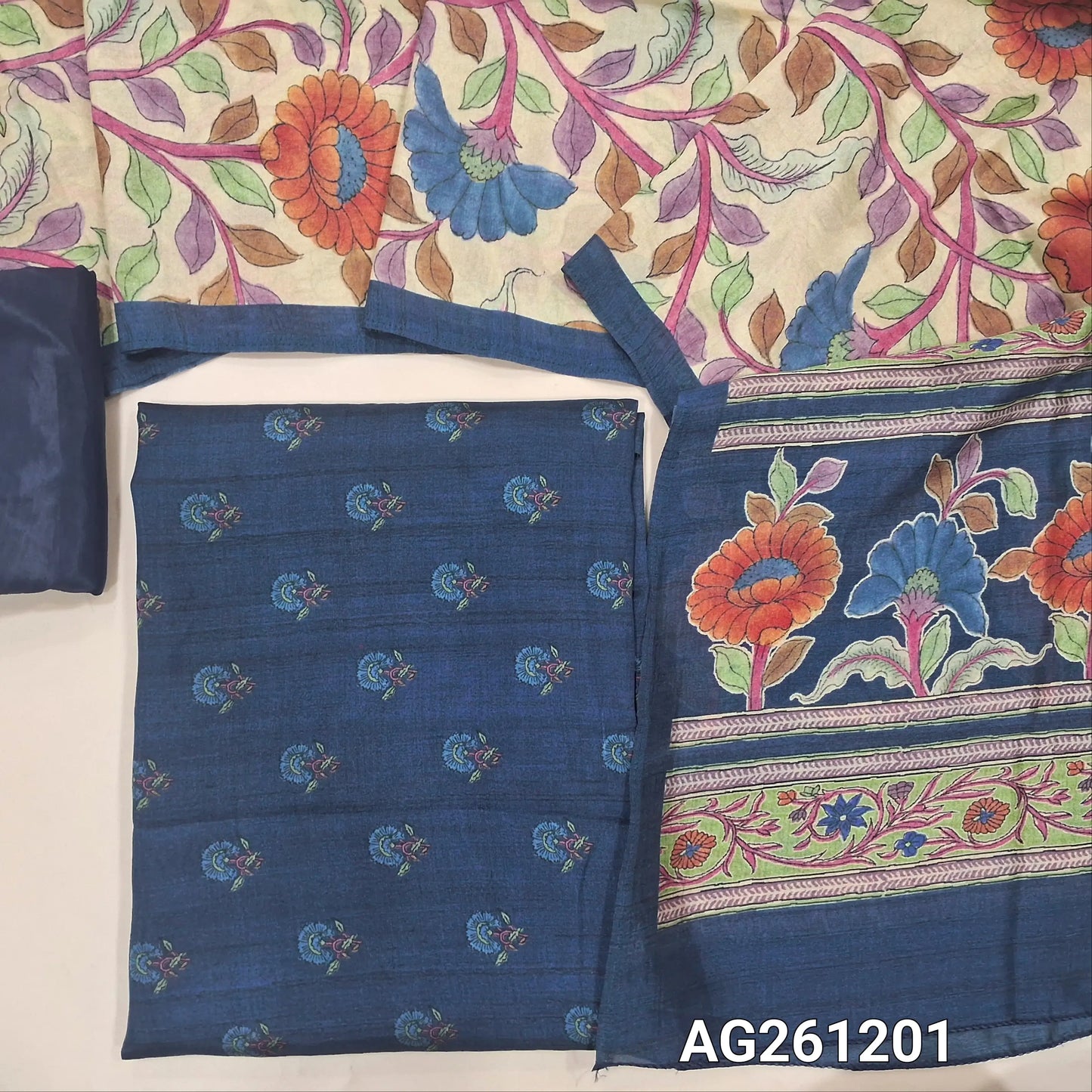 Dark blue floral printed viscous Silk unstitched salwar material,(shiny,Lining Needed)silky bottom, digital printed viscous silk dupatta with pallu. AG261201