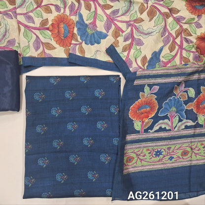 Dark blue floral printed viscous Silk unstitched salwar material,(shiny,Lining Needed)silky bottom, digital printed viscous silk dupatta with pallu. AG261201