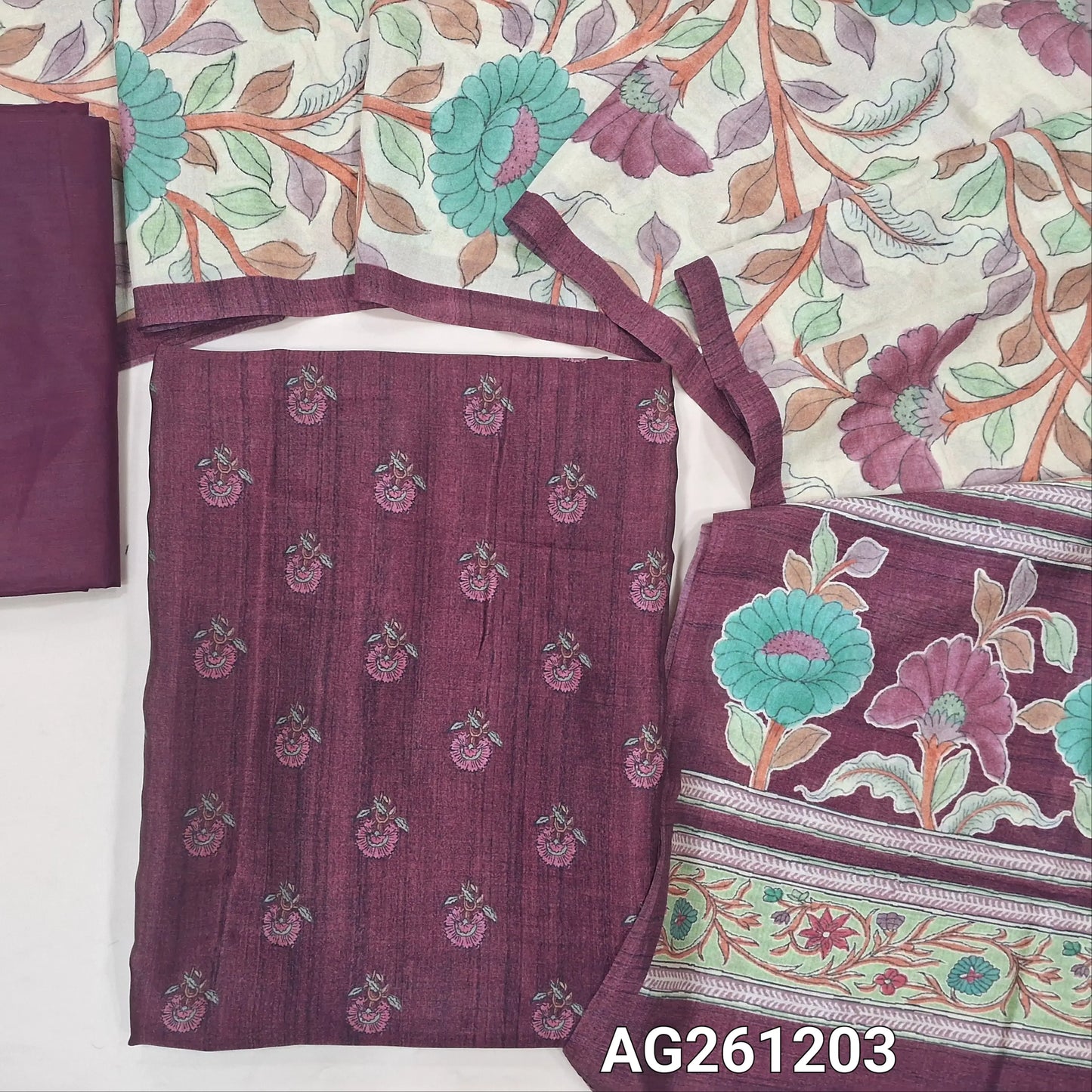 Beetroot purple floral printed viscous Silk unstitched salwar material,(shiny,Lining Needed)silky bottom, digital printed viscous silk dupatta with pallu. AG261202