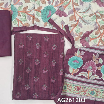 Beetroot purple floral printed viscous Silk unstitched salwar material,(shiny,Lining Needed)silky bottom, digital printed viscous silk dupatta with pallu. AG261202