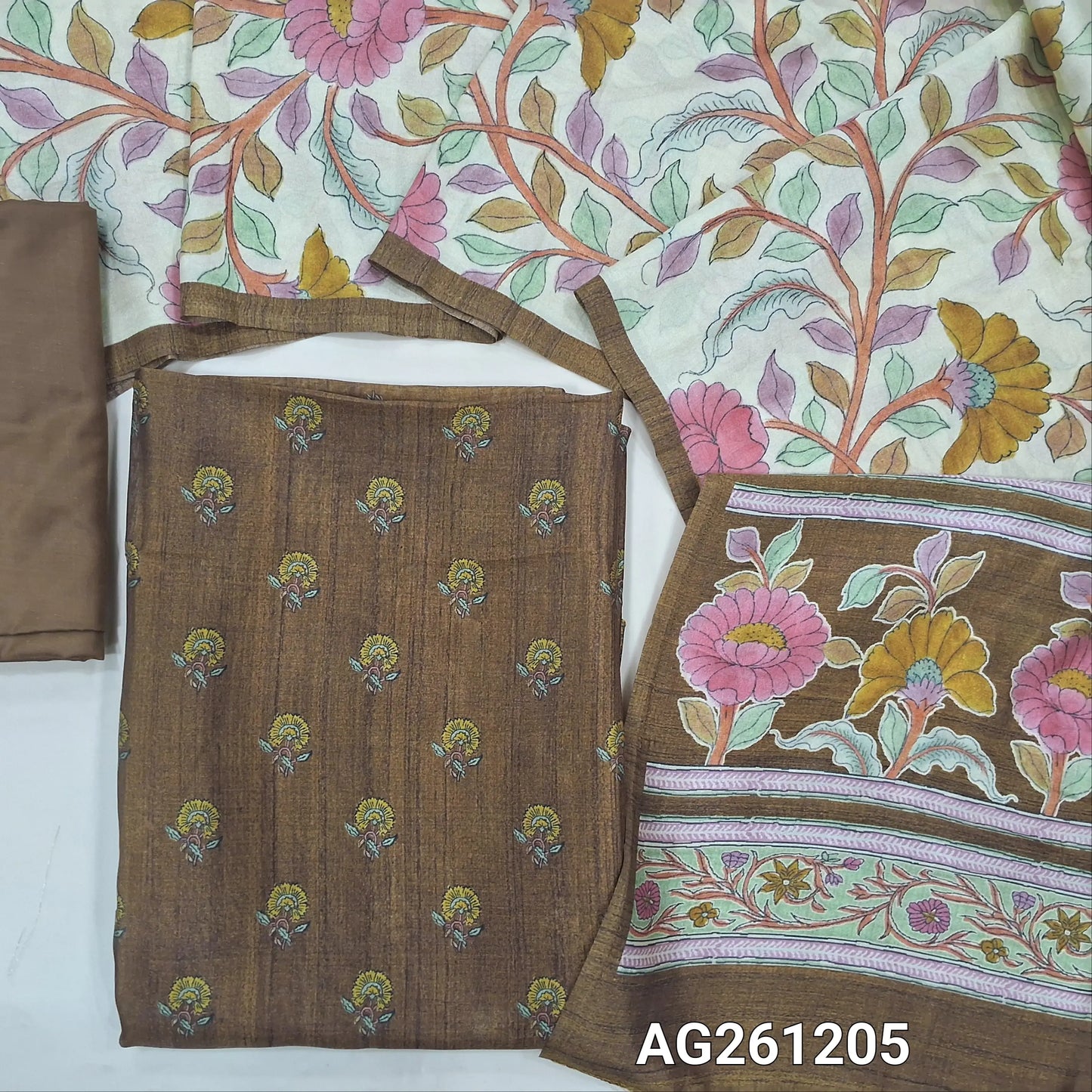 Brown floral printed viscous Silk unstitched salwar material,(shiny,Lining Needed)silky bottom, digital printed viscous silk dupatta with pallu. AG261205