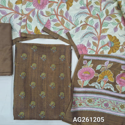 Brown floral printed viscous Silk unstitched salwar material,(shiny,Lining Needed)silky bottom, digital printed viscous silk dupatta with pallu. AG261205