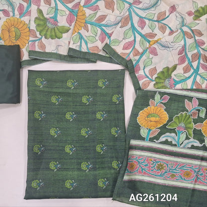 Leafy green floral printed viscous Silk unstitched salwar material,(shiny,Lining Needed)silky bottom, digital printed viscous silk dupatta with pallu. AG261204