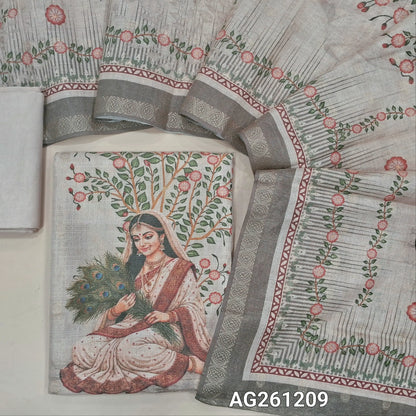 Rich beige with golden tint tissue silk cotton unstitched salwar material,zari buttas all over,digital printed daman, (lining needed)santoon bottom, zari buttas and digital printed tissue silk cotton dupatta with zari woven borders. AG261209