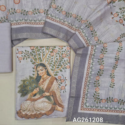 Light mauve with golden tint tissue silk cotton unstitched salwar material,zari buttas all over,digital printed daman, (lining needed)santoon bottom, zari buttas and digital printed tissue silk cotton dupatta with zari woven borders. AG261208