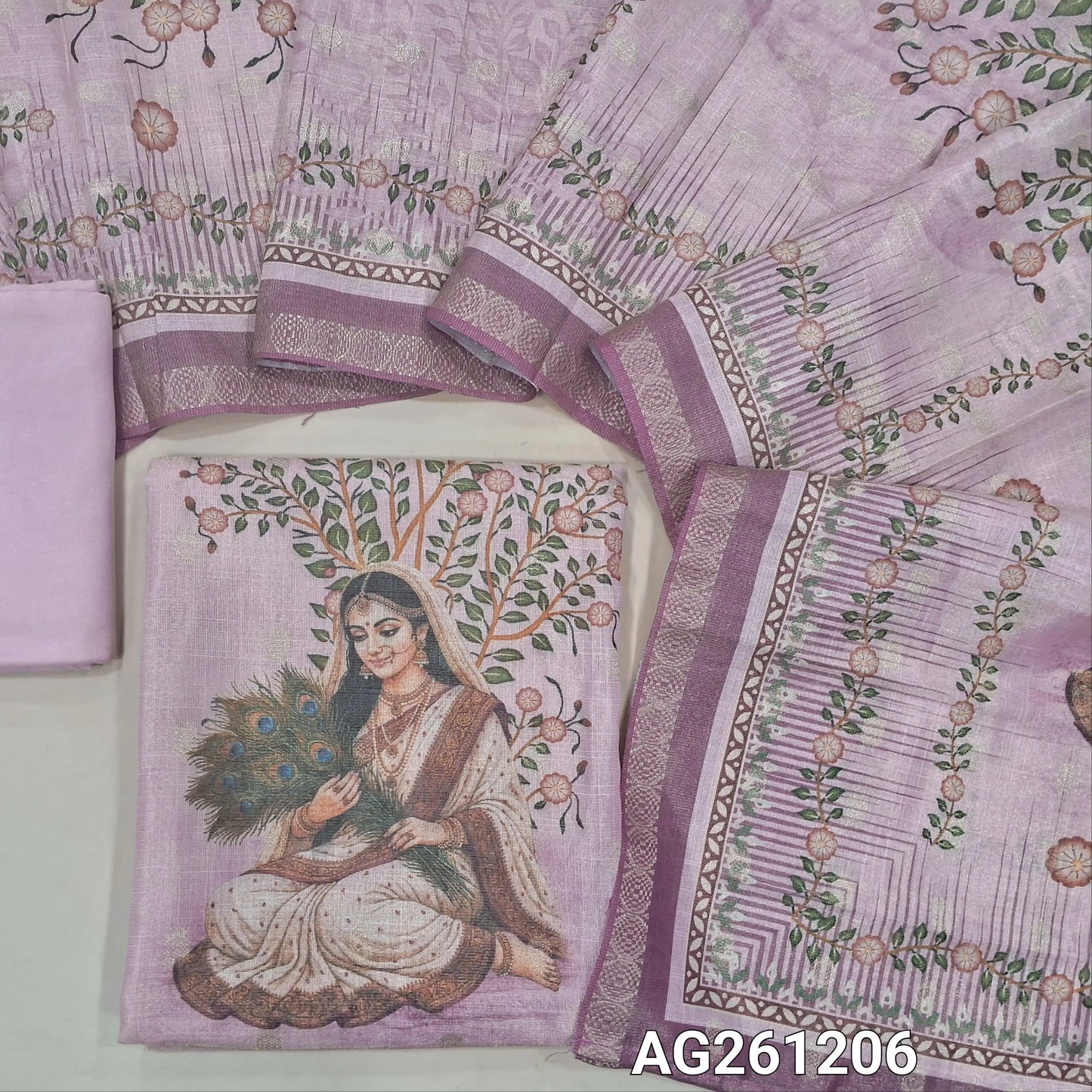 Pastel pink with golden tint tissue silk cotton unstitched salwar material,zari buttas all over,digital printed daman, (lining needed)santoon bottom, zari buttas and digital printed tissue silk cotton dupatta with zari woven borders. AG261206