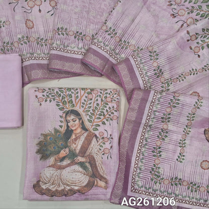 Pastel pink with golden tint tissue silk cotton unstitched salwar material,zari buttas all over,digital printed daman, (lining needed)santoon bottom, zari buttas and digital printed tissue silk cotton dupatta with zari woven borders. AG261206