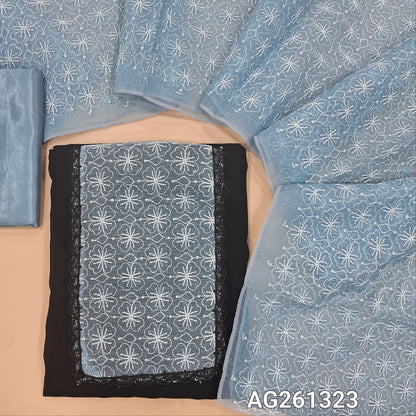 Black fancy crinkled silk cotton unstitched salwar material, netted yoke patch with lace work(lining needed)powder blue silky bottom, self embroidered super net full length dupatta. AG261323