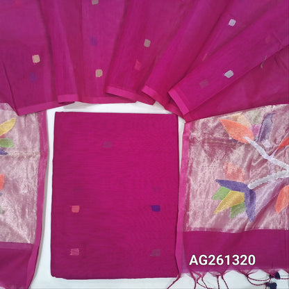 Bright pink muslin jamdani unstitched salwar material, hand woven design all over(thin, lining needed)hand woven muslin jamdani full length dupatta with rich paithani weaving pallu& hand made tassels. AG261320