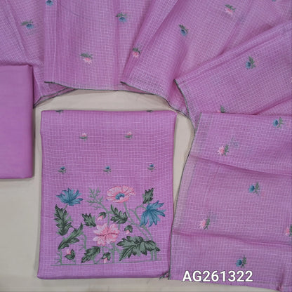 Pink fancy kota silk cotton unstitched salwar material(thin, lining needed)embroidery work on yoke, matching silky bottom, embroidery work on kota silk cotton dupatta. AG261322
