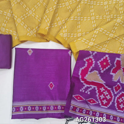Designer purple premium silk unstitched salwar material, thread weaving on front,(lining needed) silky bottom, rich weaving silk cotton dupatta with contrast pallu. AG261303