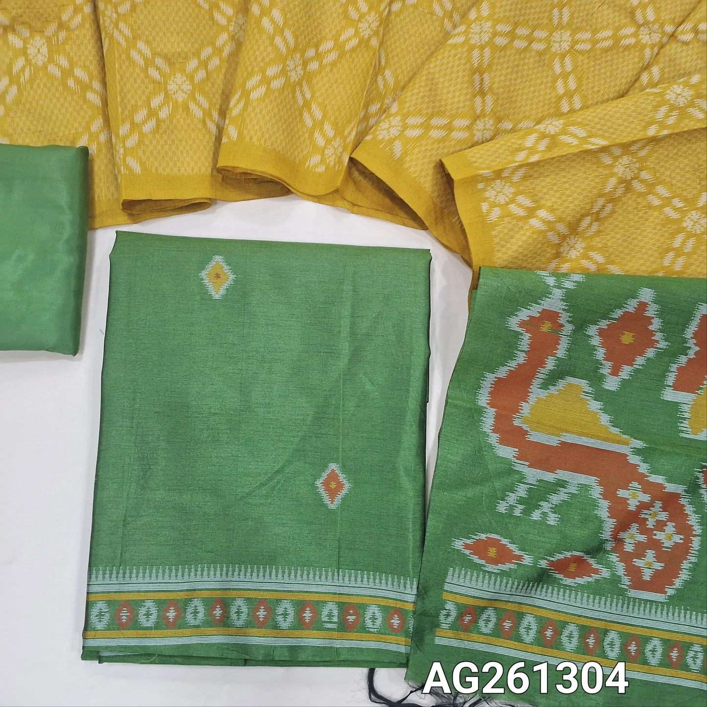 Designer leafy green premium silk unstitched salwar material, thread weaving on front,(lining needed) silky bottom, rich weaving silk cotton dupatta with contrast pallu. AG261304