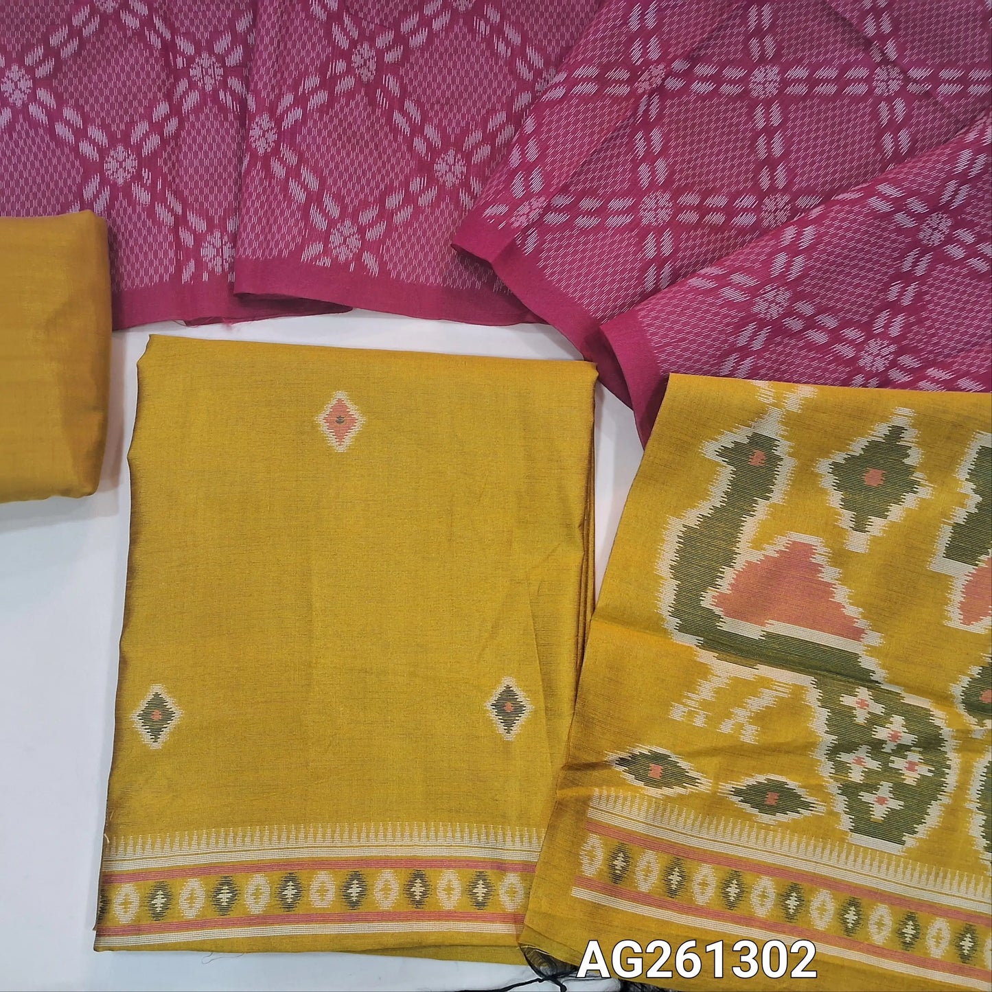 Designer mehandhi yellow premium silk unstitched salwar material, thread weaving on front,(lining needed) silky bottom, rich weaving silk cotton dupatta with contrast pallu. AG261302