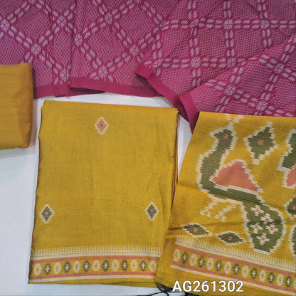 Designer mehandhi yellow premium silk unstitched salwar material, thread weaving on front,(lining needed) silky bottom, rich weaving silk cotton dupatta with contrast pallu. AG261302