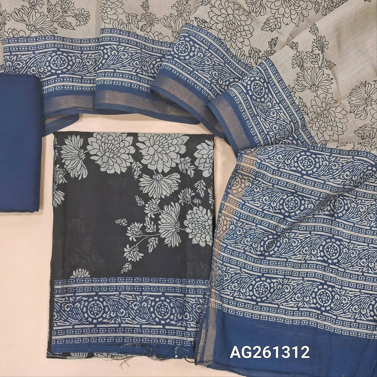 Black floral printed premium silk cotton unstitched salwar material,contrast daman, (Lining Needed)teal blue spun cotton bottom,digital printed full length silk cotton dupatta with contrast pallu. AG261312