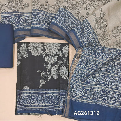 Black floral printed premium silk cotton unstitched salwar material,contrast daman, (Lining Needed)teal blue spun cotton bottom,digital printed full length silk cotton dupatta with contrast pallu. AG261312