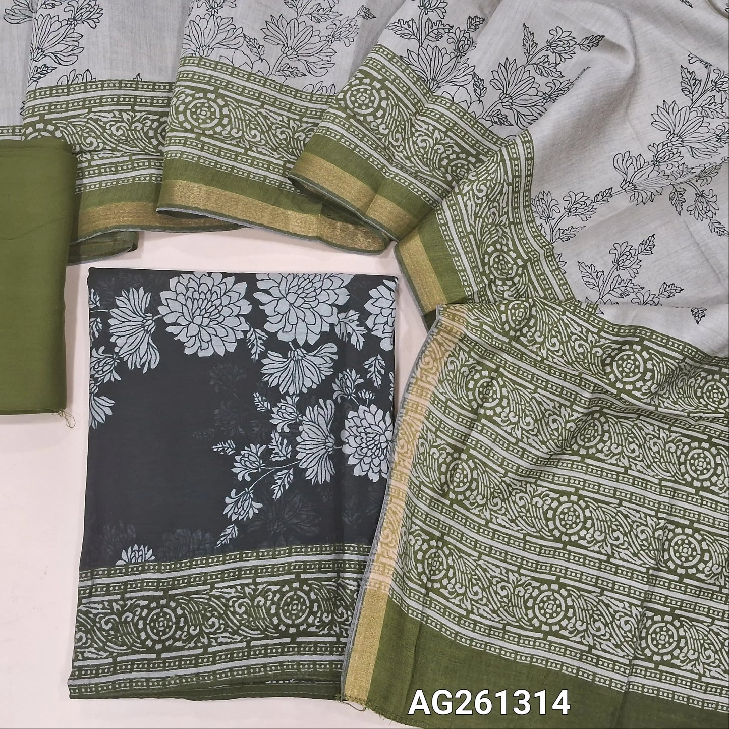 Black floral printed premium silk cotton unstitched salwar material,contrast daman, (Lining Needed)olive green spun cotton bottom,digital printed full length silk cotton dupatta with contrast pallu. AG261314
