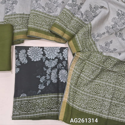 Black floral printed premium silk cotton unstitched salwar material,contrast daman, (Lining Needed)olive green spun cotton bottom,digital printed full length silk cotton dupatta with contrast pallu. AG261314
