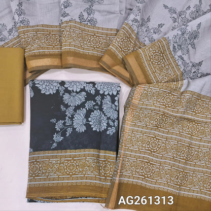 Black floral printed premium silk cotton unstitched salwar material,contrast daman, (Lining Needed)Mehandhi yellow spun cotton bottom,digital printed full length silk cotton dupatta with contrast pallu. AG261313