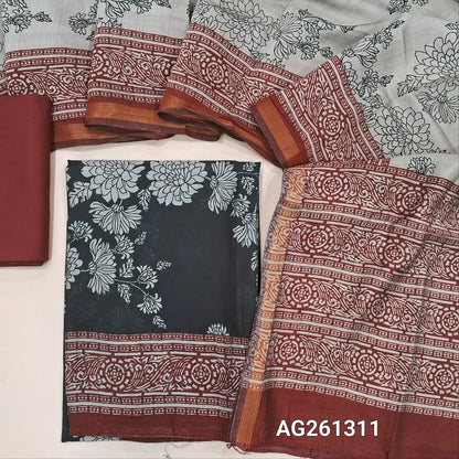 Black floral printed premium silk cotton unstitched salwar material,contrast daman, (Lining Needed)brick red spun cotton bottom,digital printed full length silk cotton dupatta with contrast pallu. AG261311