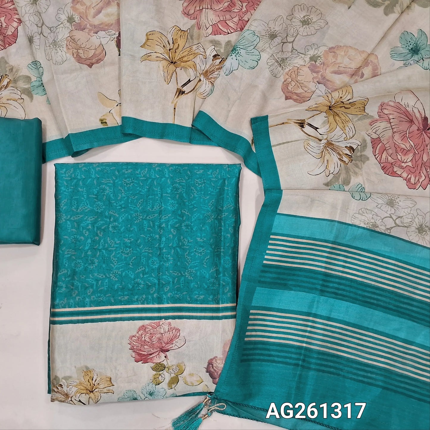 Teal blue digital printed viscous Silk unstitched salwar material,floral daman(shiny,Lining Needed)silky bottom, floral design on viscous silk dupatta with contrast pallu and borders. AG261317