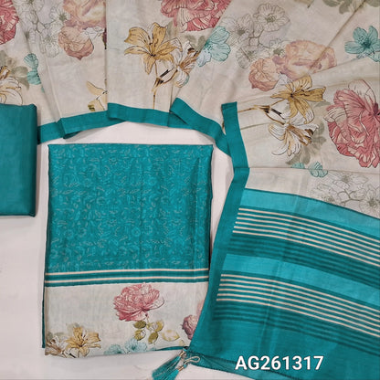 Teal blue digital printed viscous Silk unstitched salwar material,floral daman(shiny,Lining Needed)silky bottom, floral design on viscous silk dupatta with contrast pallu and borders. AG261317