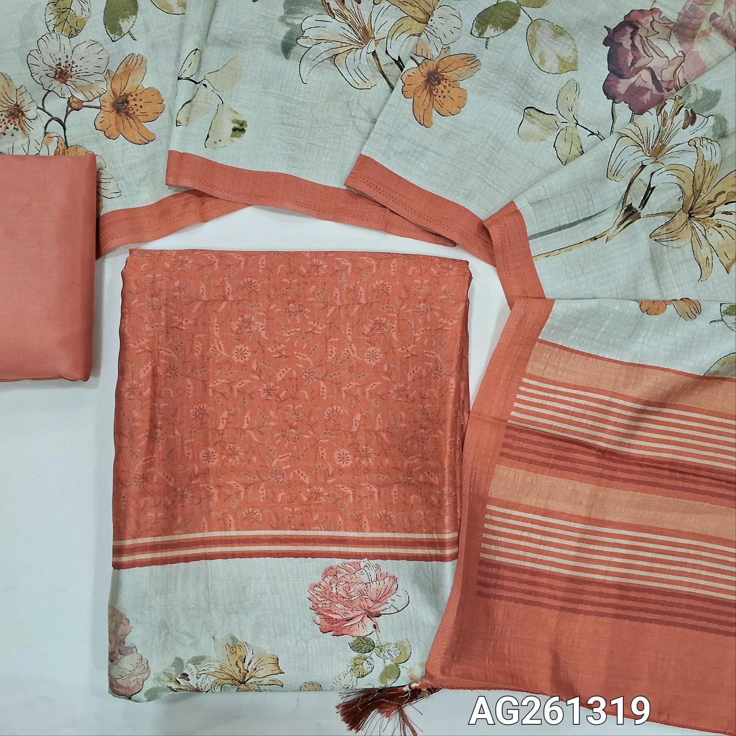 Brick red digital printed viscous Silk unstitched salwar material,floral daman(shiny,Lining Needed)silky bottom, floral design on viscous silk dupatta with contrast pallu and borders. AG261319